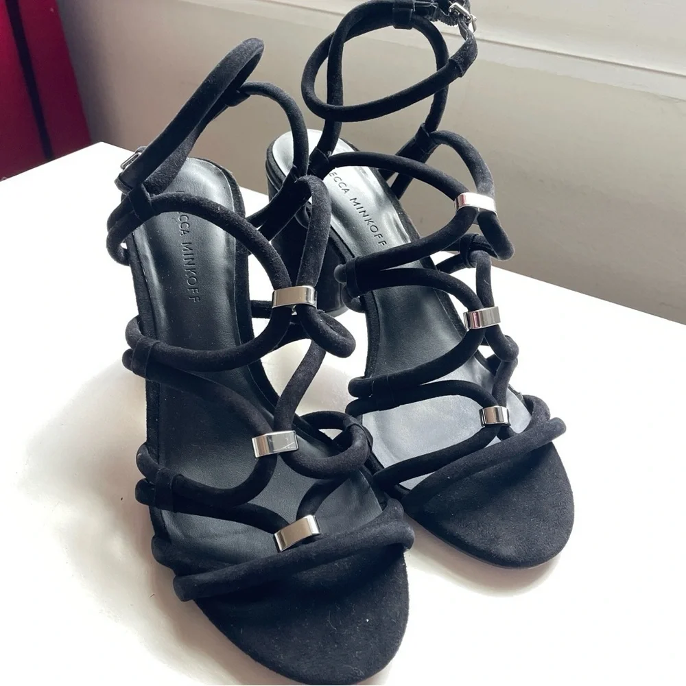 REBECCA MINKOFF sz 8.5 Apolline Suede Strappy Sandals black leather silver